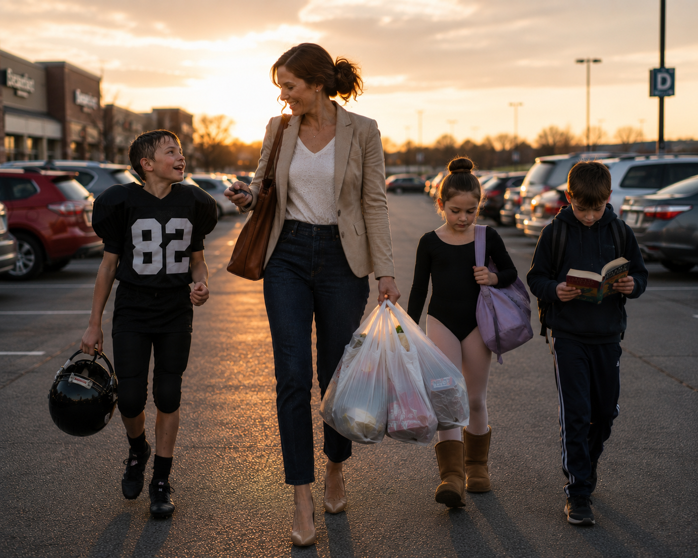 A mother walking her kids through a parking lot at golden hour
